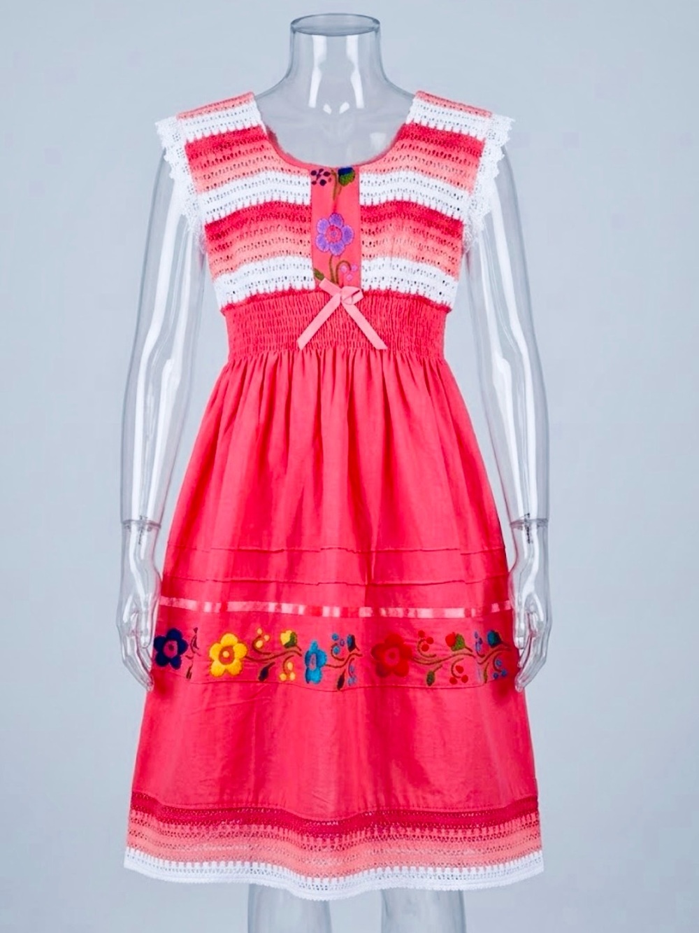 Handmade Girls Coral Pink Mexican Folk Dress - Floral Embroidery (Size 6)